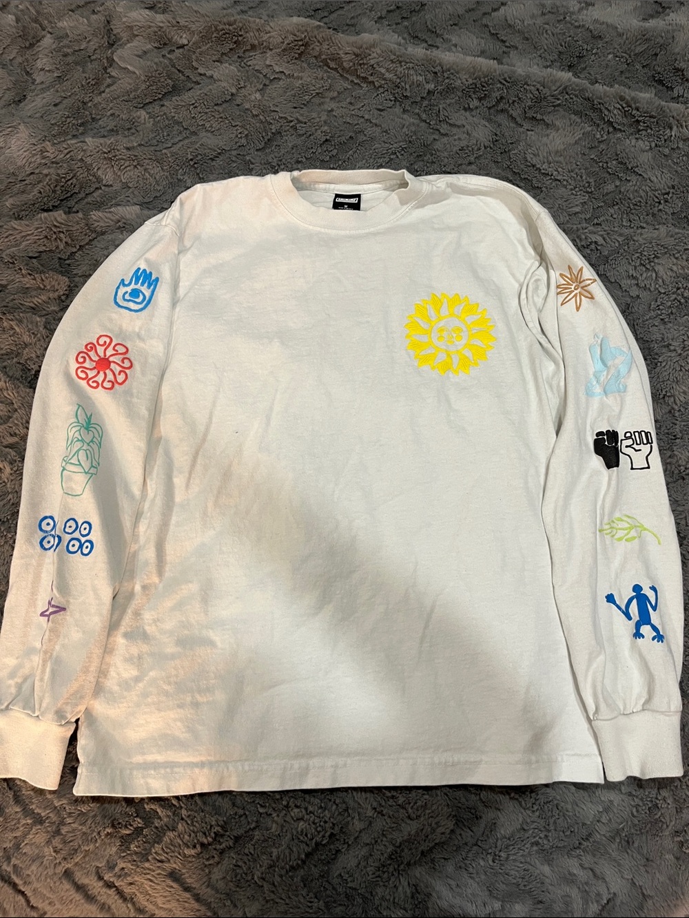 Obey White Graphic Long Sleeve Tee with Colorful Sleeve Icons